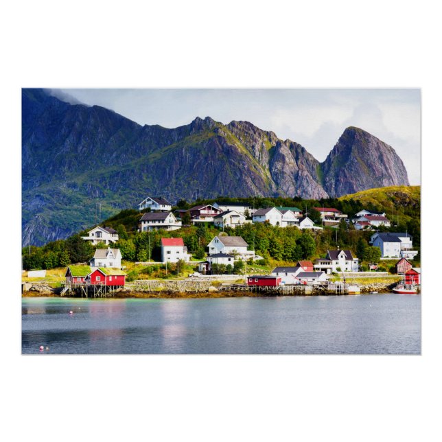 Póster Aldeia de Lofoten Norway Reine sob o céu azul enso (Frente)