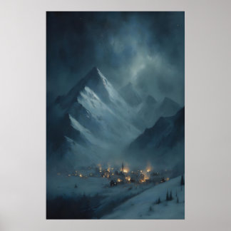 Poster Aldeia de montanha nevada congelada sob crepúsculo