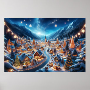 Poster Aldeia de Natal Aconchegante sob a Neve à Noite