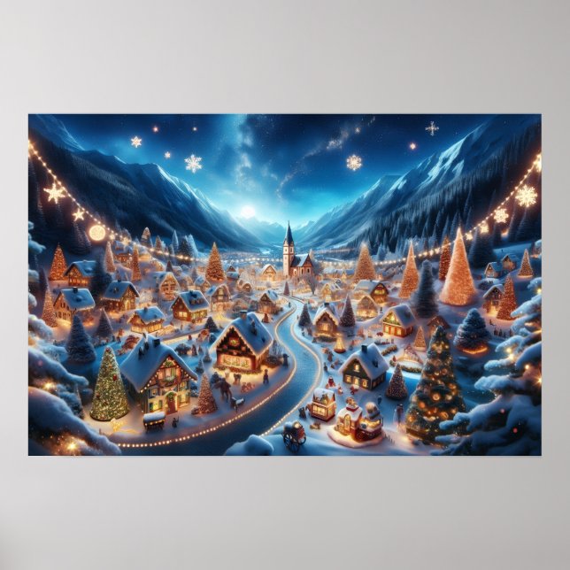 Poster Aldeia de Natal Aconchegante sob a Neve à Noite (Frente)