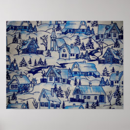 Poster Aldeia de Natal Azul Vintage