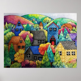 Poster Aldeia Do Lado Da Água Com Casas Coloridas