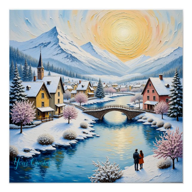 Póster Aldeia Invernal Nevada sob o Sol Dourado (Frente)