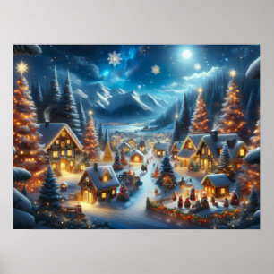 Poster Aldeia Mágica de Natal sob a Luz da Lua na Neve