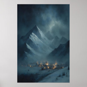 Poster Aldeia Montanhosa Congelada sob Crepúsculo Nevado