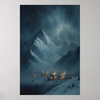 Poster Aldeia Montanhosa Congelada sob Crepúsculo Nevado