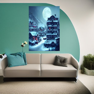 Poster Aldeia na montanha de neve à noite Arte AI