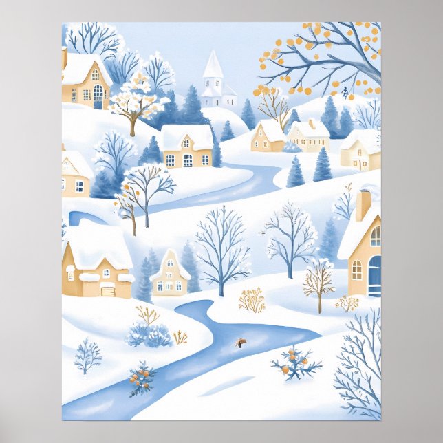 Poster Aldeia Serene Snowy com Fluxo Fluvial (Frente)