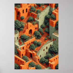Poster Aldeia Surreal Terracada com Árvores e Escadas