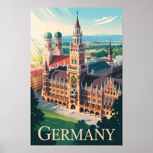 Poster Alemanha Munique Ilustração Viagem Arte Vintage (Frente)