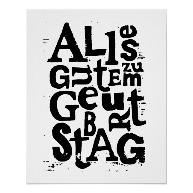 Póster Alemão Negro e Branco "Parabéns" Lino Cut (Frente)