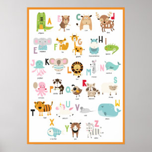 Poster Alfabeto Animal Moldura Laranja Colorido Divertido
