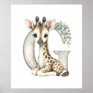 Poster Alfabeto de Animais Bebês em Aquarela Fofa Girafa