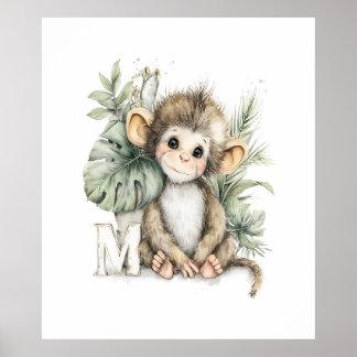 Poster Alfabeto de animais bebês em aquarela fofa macaco