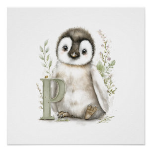 Póster Alfabeto de Animais Bebês em Aquarela Fofa Pinguim