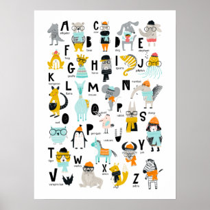 Poster Alfabeto de Animais Fofos   Alguns Usam Chapéus