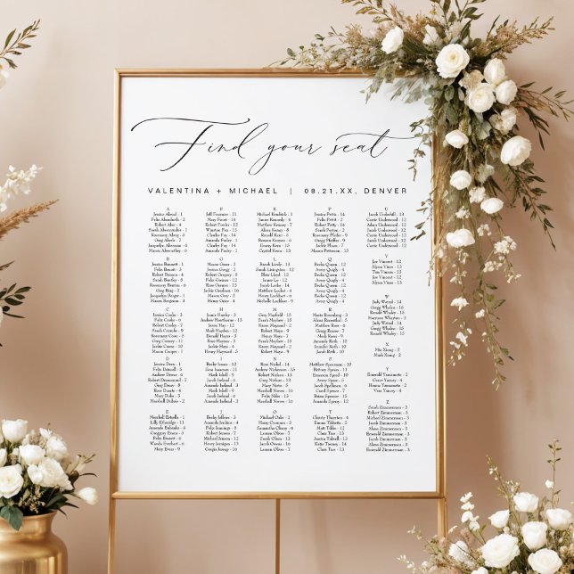 Poster Alfabeto de Assentos de Casamento com Caligrafia E (Elegant Calligraphy Script Find Your Seat Alphabetical Seating Chart)