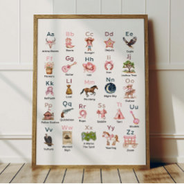 Poster Alfabeto de Cowgirl Ocidental Cartaz ABC Para Quar