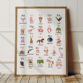 Poster Alfabeto de Cowgirl Ocidental Cartaz ABC Para Quar