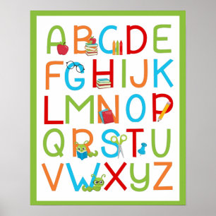 Poster Alfabeto de Minhoca Escolar de A a Z em Verde Bril