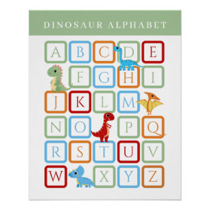 Póster Alfabeto Educacional de Dinossauro - Verde e Branc
