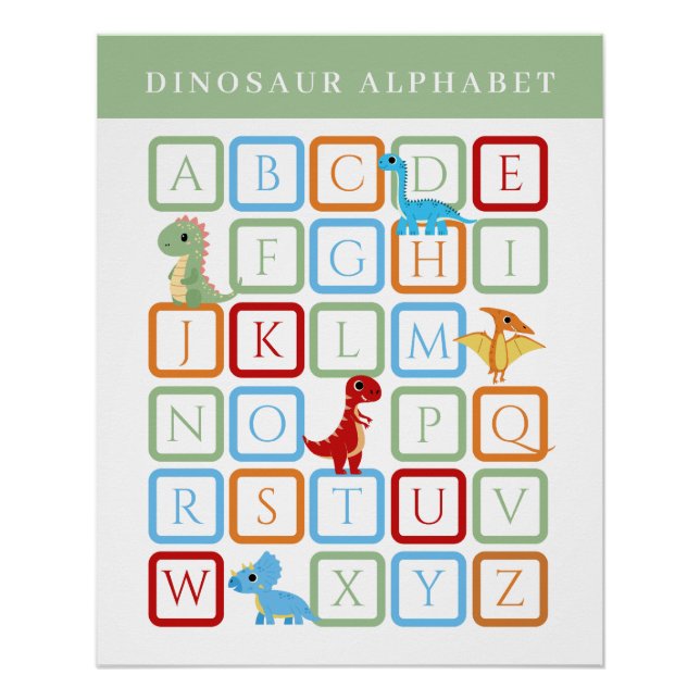 Póster Alfabeto Educacional de Dinossauro - Verde e Branc (Frente)