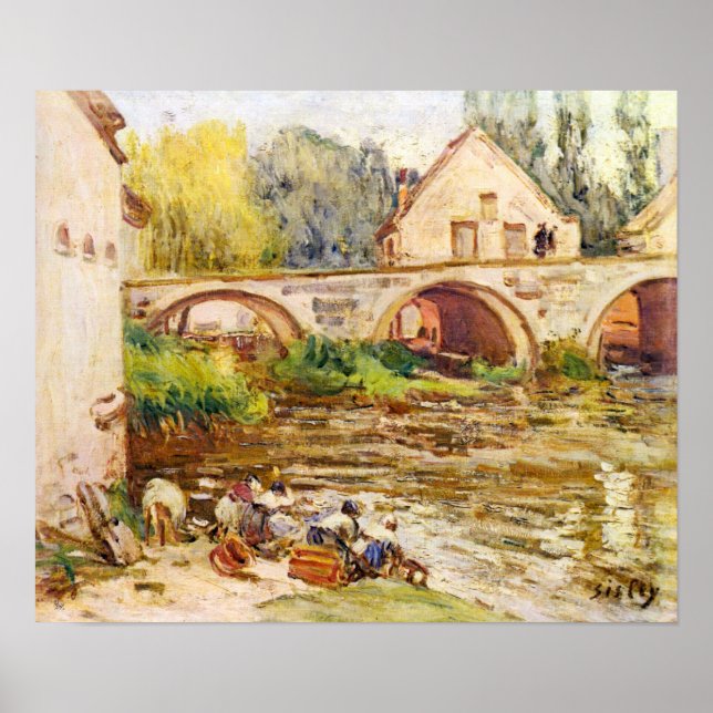 Póster Alfred Sisley - Os laundresses de Moret (Frente)