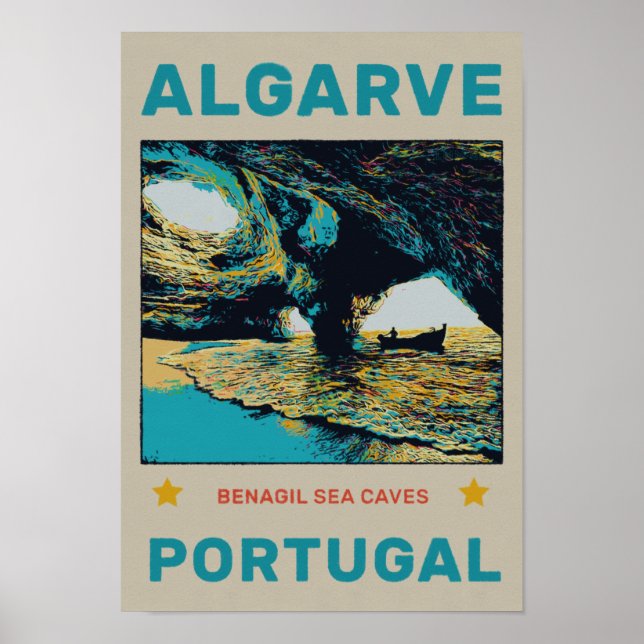 Poster Algarve Benagil caverna viagens vintage Portugal (Frente)