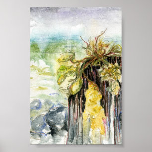 Póster Algas marinhas e praia desaparecendo sob a chuva