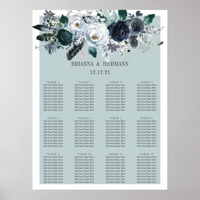 Poster Algo Azul | Placa de Casamento de Flores (Frente)