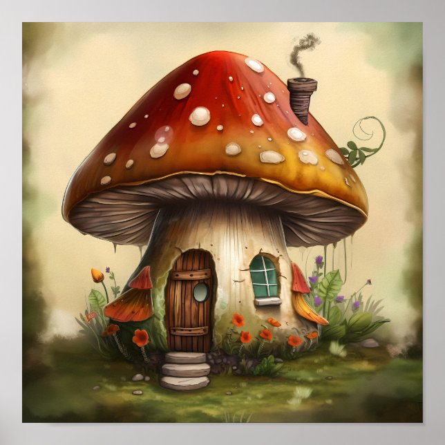 Poster Algodão De Arte De Cogumelo Encantado Com Aquarela (Frente)