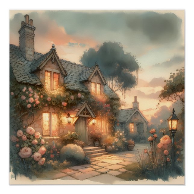 Póster Algodão de Fairytalte ao Sunset com Rosas (Frente)