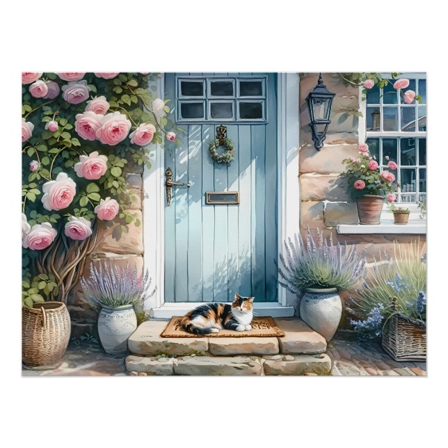 Póster Algodão Floral com Calico Cat (Frente)
