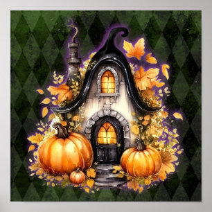 Poster Algodão Gótico de Queda de Halloween Verde Argyle