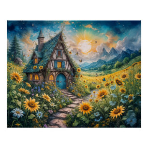 Póster Algodão mágico com campo de girassol