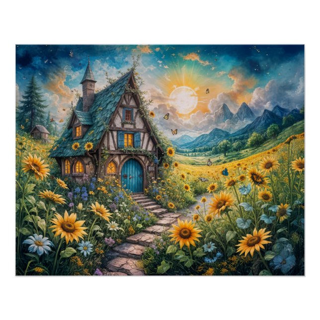 Póster Algodão mágico com campo de girassol (Frente)