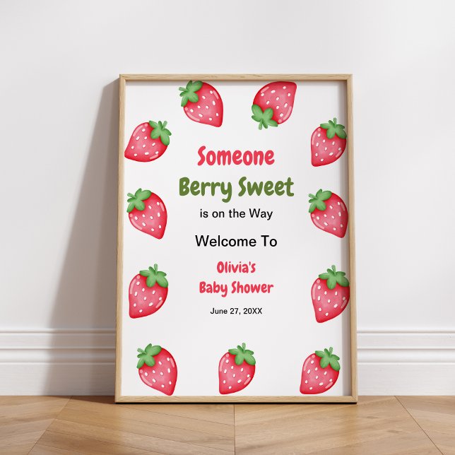 Poster Alguém Berry Sweet Strawberry Chá de fraldas Bem-v (Someone Berry Sweet is on the Way Strawberry Baby Shower Welcome Sign )
