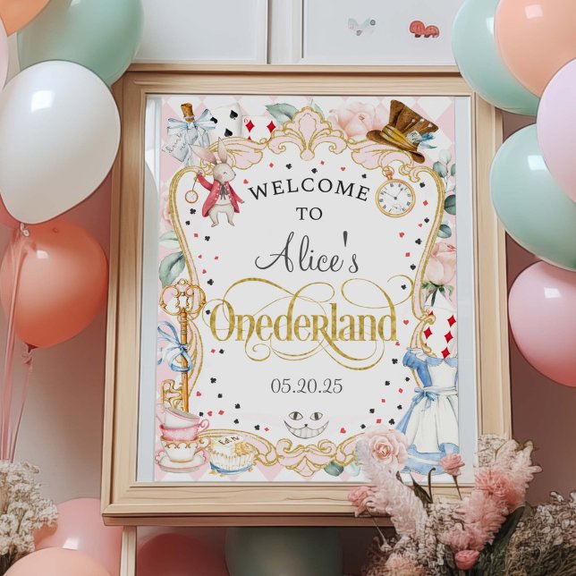 Poster Alice em Onederland, primeiro aniversario sinal de (Mad hatter, tea party, Alice Onederland, Girl 1st birthday welcome sign poster.)