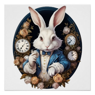 Póster Alice no Coelho Branco em Relógios e rosas