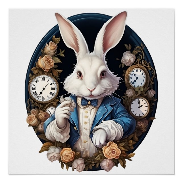 Póster Alice no Coelho Branco em Relógios e rosas (Frente)