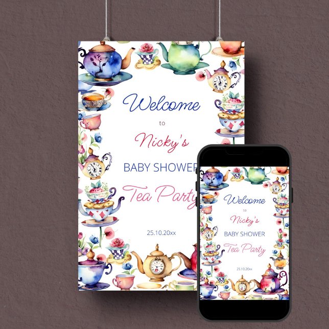 Poster Alice no país maravilhoso, sinal de boas-vindas ao (Alice in wonderland tea party baby shower welcome sign template poster digital download watercolor)
