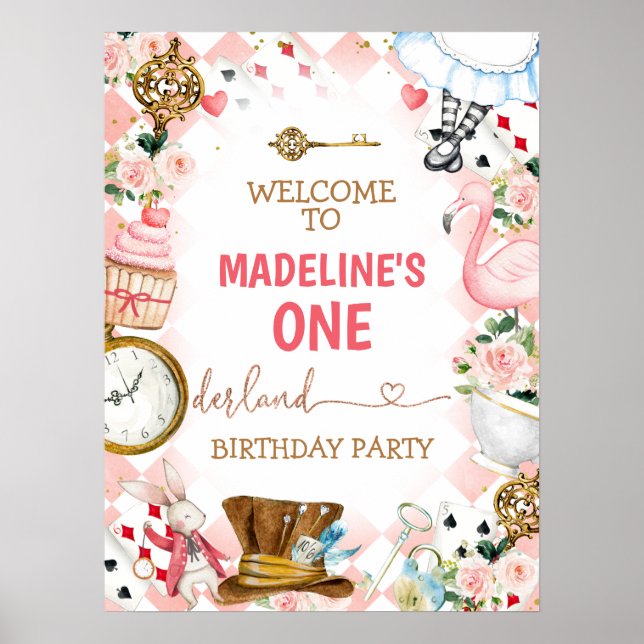 Poster Alice Rosa Em Wonderland Oneder Birthday Bem-Vindo (Frente)