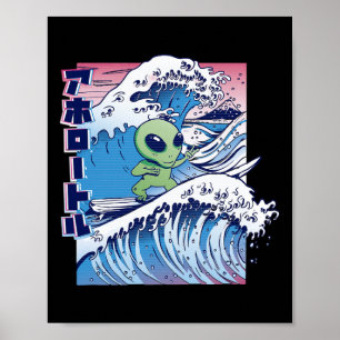 Poster Alien Surf Desenho Animado Surfando Praia Mar Ocea