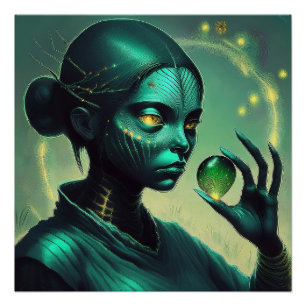 Póster Alienígena Dama Mantém Objeto De Vidro Transparent