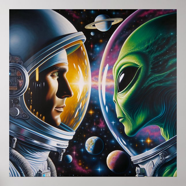 Poster Alienígena e astronauta no espaço (Frente)