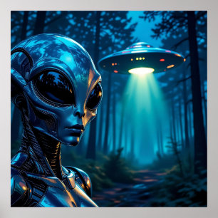 Poster Alienígena e OVNI hiperrealistas na Floresta