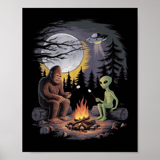 Poster Alienígena Engraçada E Pé Grande A Caminhar A Lua  (Frente)