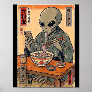 Poster Alienígena engraçado comendo ramen retrô japonês h