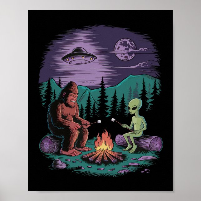 Poster Alienígena Engraçado E Pé Grande Caminhando Na Lua (Frente)