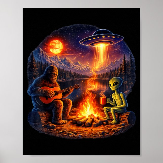 Poster Alienígena Engraçado e Pé Grande Fogueira Lua OVNI (Frente)